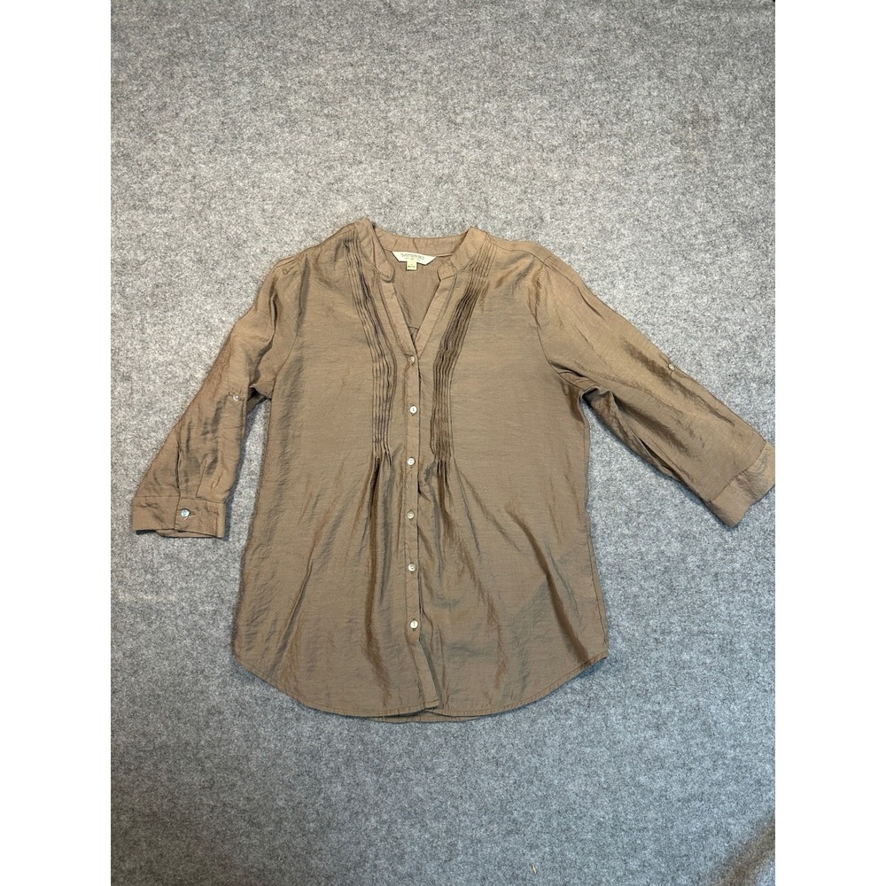 Tautrums‎ Womens Taupe Brown Pintuck Pleated 3/4 Roll Tab Sleeve Blouse Size M